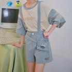 Set: 3/4-sleeve Paneled T-shirt + Wide-leg Suspender Shorts