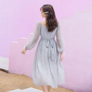 Long Balloon-sleeve Midi A-line Dress