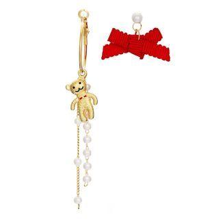 Non-matching Bow Faux Pearl Alloy Bear Dangle Earring