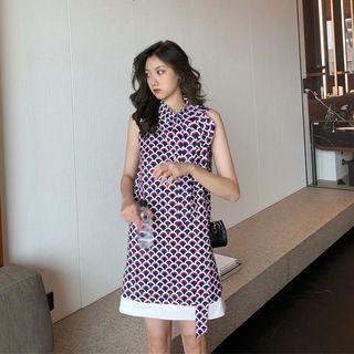 Tie-neck Patterned Sleeveless Shift Dress As Shown In Figure - One Size