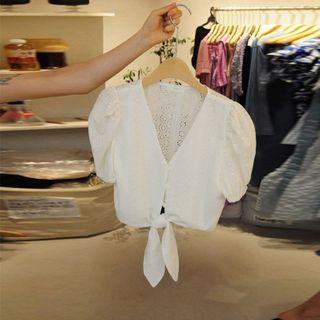Tie-waist V-neck Crochet Lace Cropped Blouse