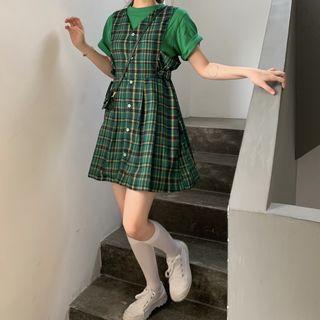 Plain T-shirt / Plaid Tank Dress