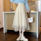 High-waist Asymmetrical Hem Mesh Midi Skirt