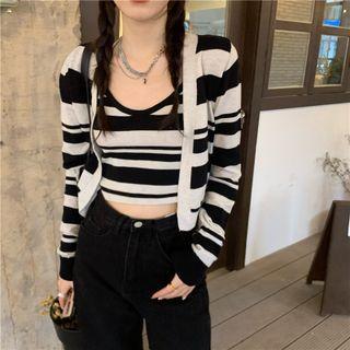 Set: Striped Camisole Top + Cardigan Stripes - Black & White - One Size
