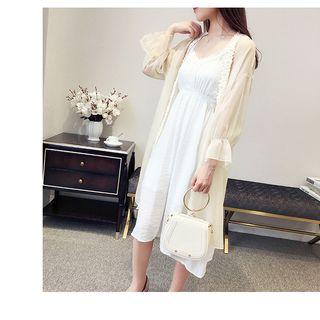 Crochet Trim 3/4 Sleeve Long Chiffon Jacket