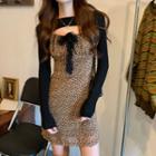 Leopard Print Spaghetti Strap Mini Sheath Dress / Cropped Knit Top