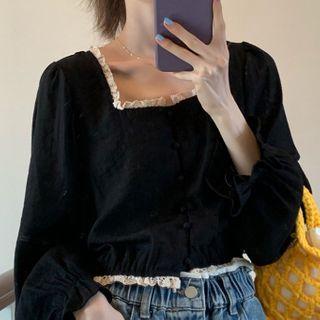 Ruffled Square-neck Chiffon Blouse As Shown In Figure - One Size