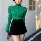 Turtleneck Button-up Knit Top / Straight Leg Shorts