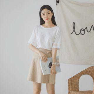 Round-neck Fringed Elbow-sleeve Top