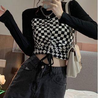 Long-sleeve Checker Print Drawstring T-shirt Black - One Size