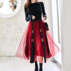 Set: Long-sleeve Plain Knit Top + Midi A-line Mesh Skirt