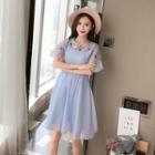 Short-sleeve Floral Embroidered Mini A-line Dress
