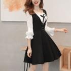 3/4 Sleeve Bow Accent Dotted Panel Dress