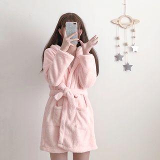 Cartoon Embroidered Rabbit Ears Hooded Fleece Robe