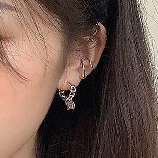 Chained Disc Dangle Earring With Ear Plug - 1 Pair - Cross Circle Earring - Silver - One Size