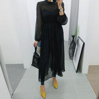 Plus Size Set: Crinkled Sheer Maxi Tulle Dress + Midi Slipdress