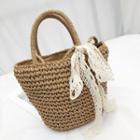 Woven Tote Bag With Lace Ribbon - Khaki - One Size