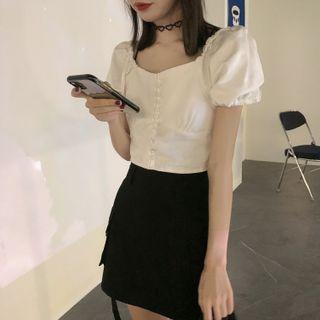 Puff-sleeve Buttoned Crop Top / A-line Mini Cargo Skirt