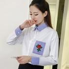Flower Embroidered Striped Panel Shirt
