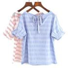 Striped Short-sleeve Tie-back Blouse