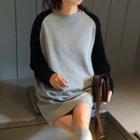 Long-sleeve Color Block Mini T-shirt Dress As Shown In Figure - One Size