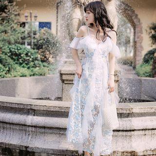 Short-sleeve Cold Shoulder Embroidered Maxi Dress