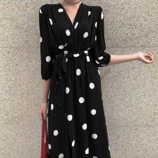 3/4-sleeve Dotted A-line Midi Dress White Dot - Black - One Size