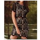Set: Short-sleeve Lace Panel Top + Skirt