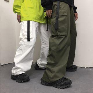 Set: Belt + Pocket Detail Wide-leg Pants