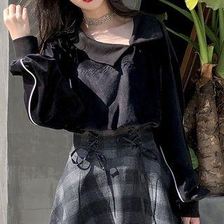 Contrast Trim Cropped Pullover / Plaid A-line Skirt / Set