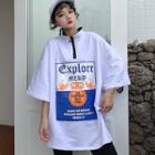 Elbow-sleeve Half Zip Print T-shirt