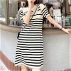 Short-sleeve Striped A-line Dress Black & White - One Size
