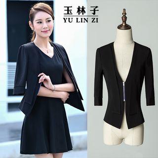 Set: Elbow-sleeve Zip Blazer + Sleeveless A-line Dress