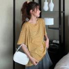 Striped Open Back Elbow-sleeve T-shirt