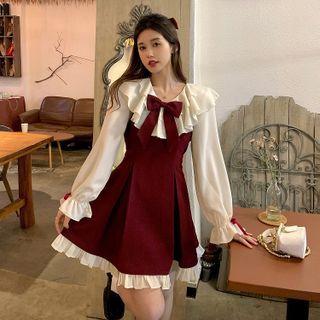 Bow Ruffle Trim Blouse / Mini A-line Skirt / Overall Dress