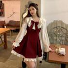 Bow Ruffle Trim Blouse / Mini A-line Skirt / Overall Dress
