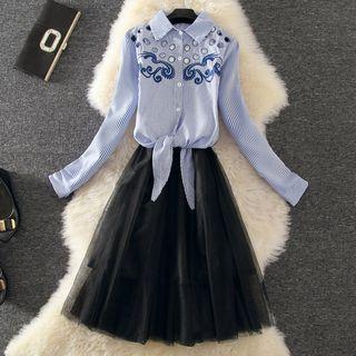 Set: Embroidered Long-sleeve Shirt + Strappy A-line Dress