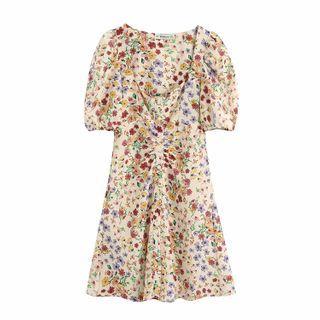 Floral Shirred Mini A-line Dress