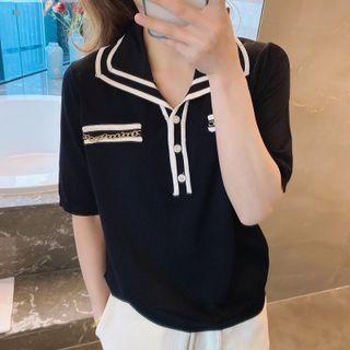 Short-sleeve Chain-accent Polo Knit Top