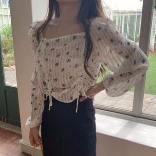 Long-sleeve Drawstring Floral-pattern Top As Shown In Figure - One Size