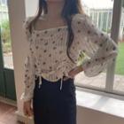 Long-sleeve Drawstring Floral-pattern Top As Shown In Figure - One Size