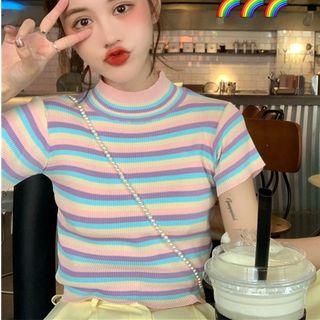 Rainbow Striped Short Sleeve Cropped Top As Shown In Figure - One Size