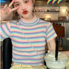 Rainbow Striped Short Sleeve Cropped Top As Shown In Figure - One Size