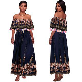 Off-shoulder Tasseled Patterned Maxi Dress