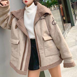 Faux Suede Stand Collar Lettering Embroidered Zip Jacket