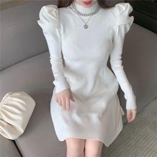 Puff-sleeve Knit Midi A-line Dress White - One Size