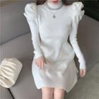 Puff-sleeve Knit Midi A-line Dress White - One Size