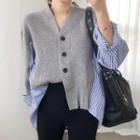 Long-sleeve Striped Paneled Knit Top Gray - One Size