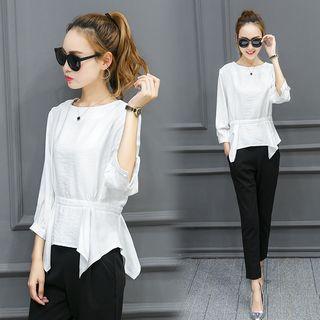 3/4 Sleeve Hanky-hem Gather-waist Top