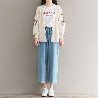 Long-sleeve Embroidery Ribbed Cardigan